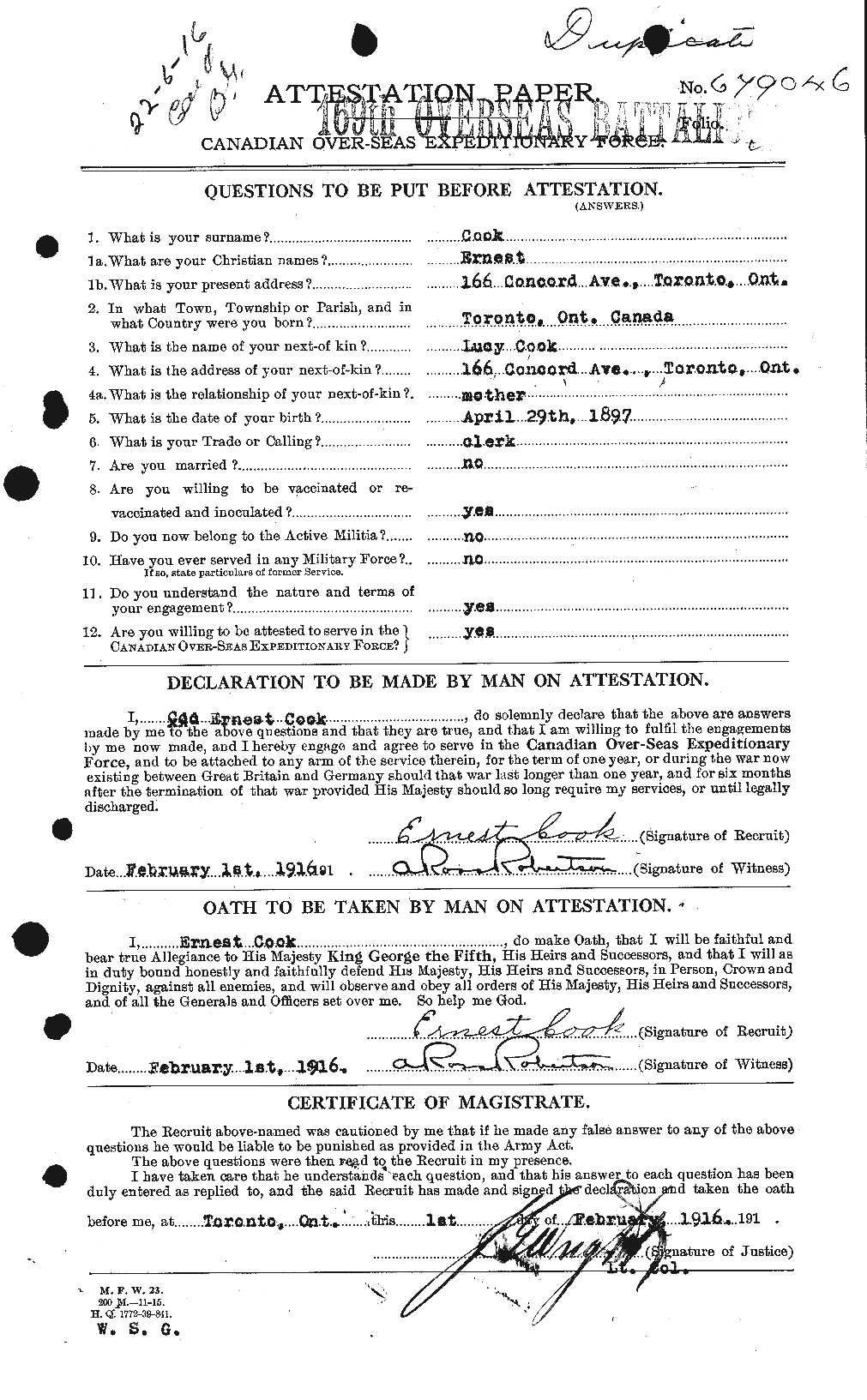 Dossiers du Personnel de la Première Guerre mondiale - CEC 073933a