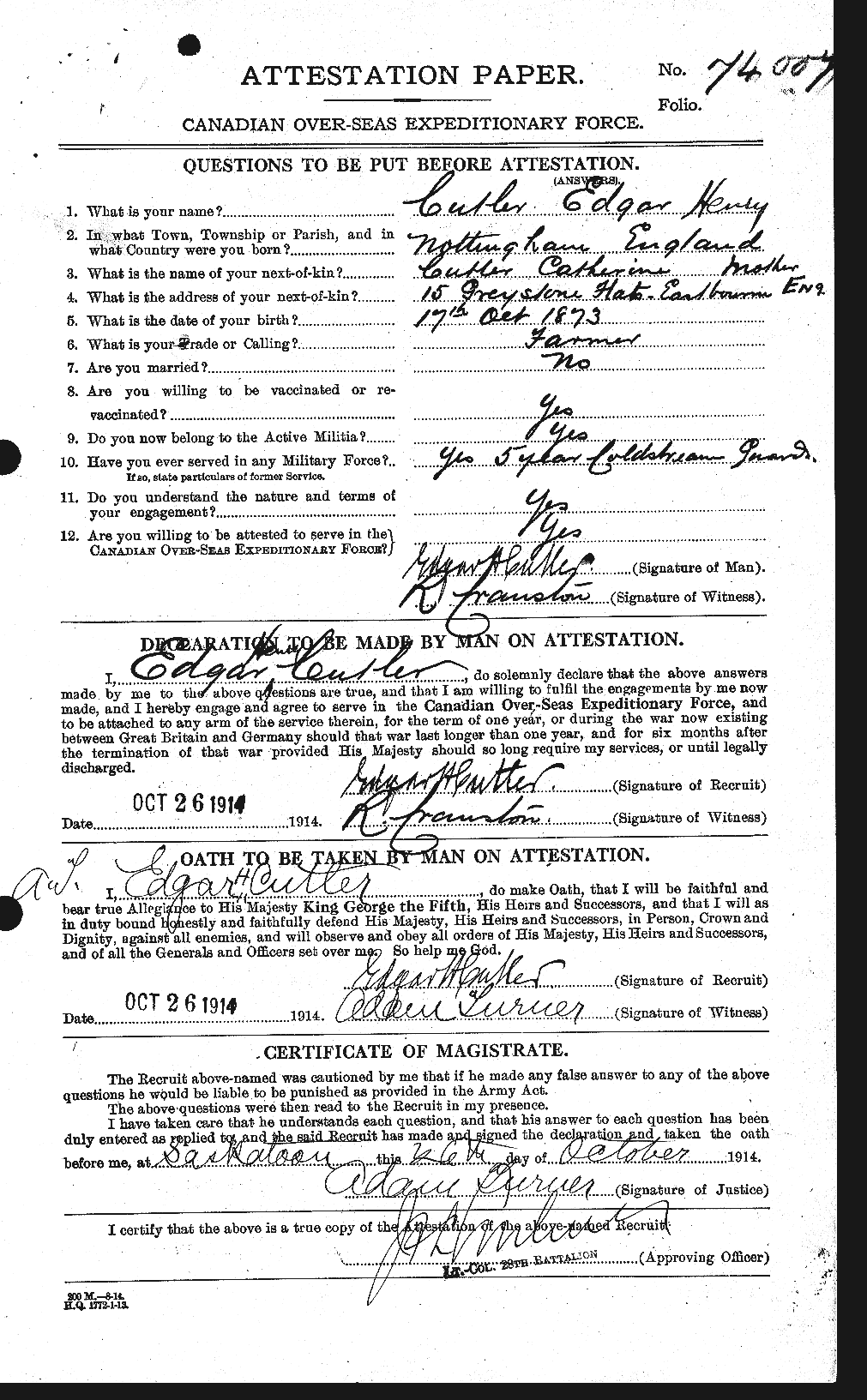 Personnel Records of the First World War - CEF 074401a