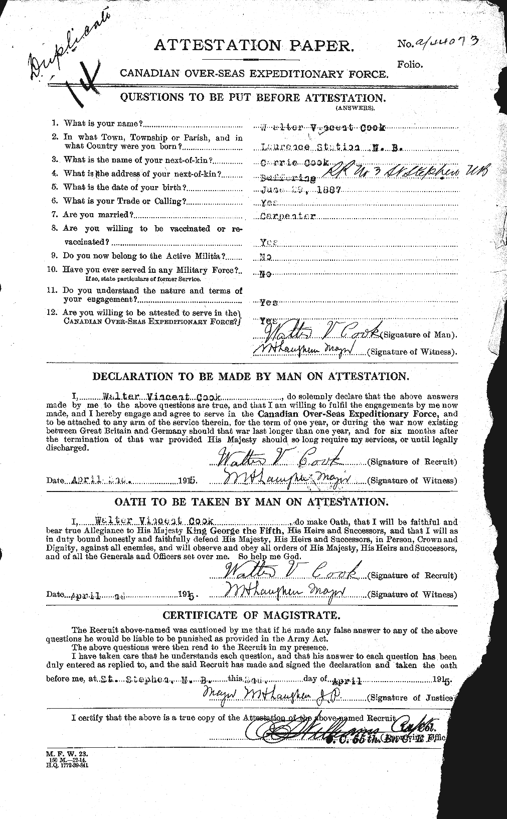 Dossiers du Personnel de la Première Guerre mondiale - CEC 074848a