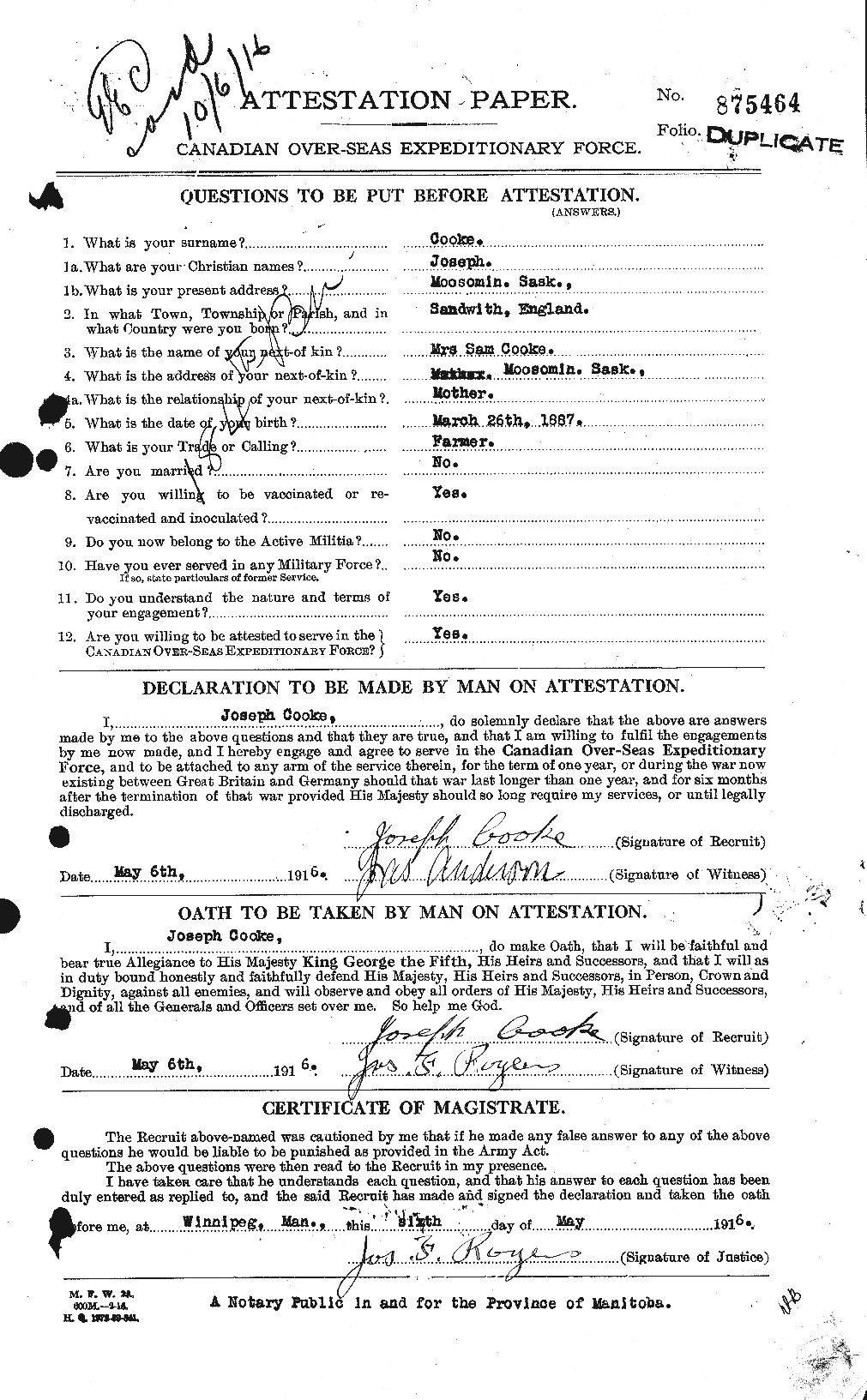 Dossiers du Personnel de la Première Guerre mondiale - CEC 075925a