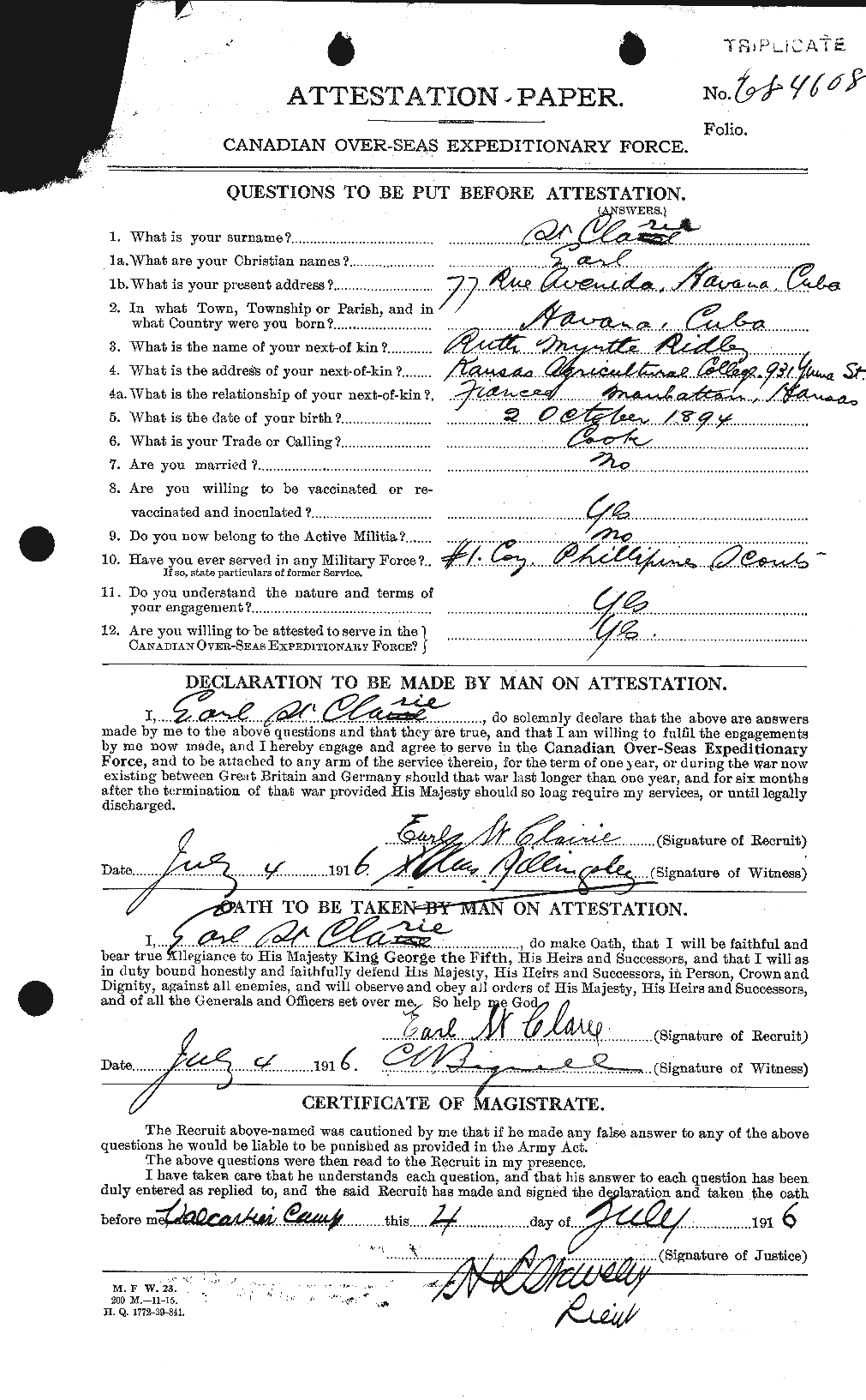 Dossiers du Personnel de la Première Guerre mondiale - CEC 076659a