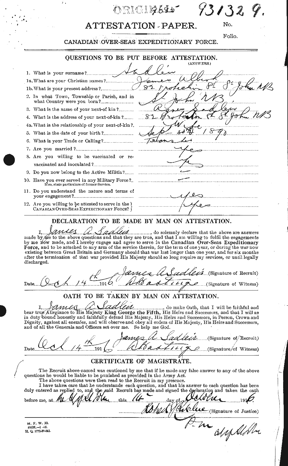Dossiers du Personnel de la Première Guerre mondiale - CEC 077772a