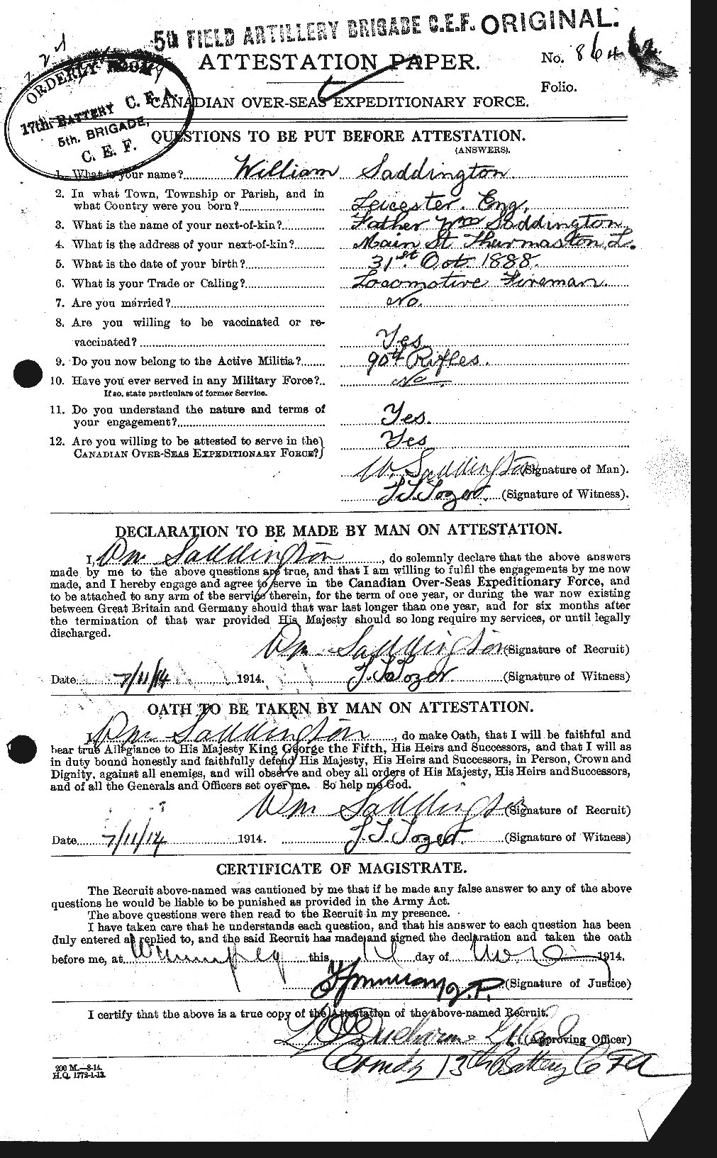 Dossiers du Personnel de la Première Guerre mondiale - CEC 077792a
