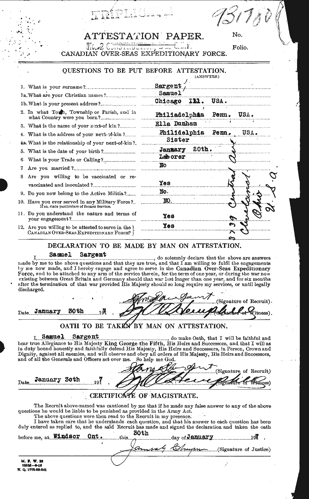 Dossiers du Personnel de la Première Guerre mondiale - CEC 079118a