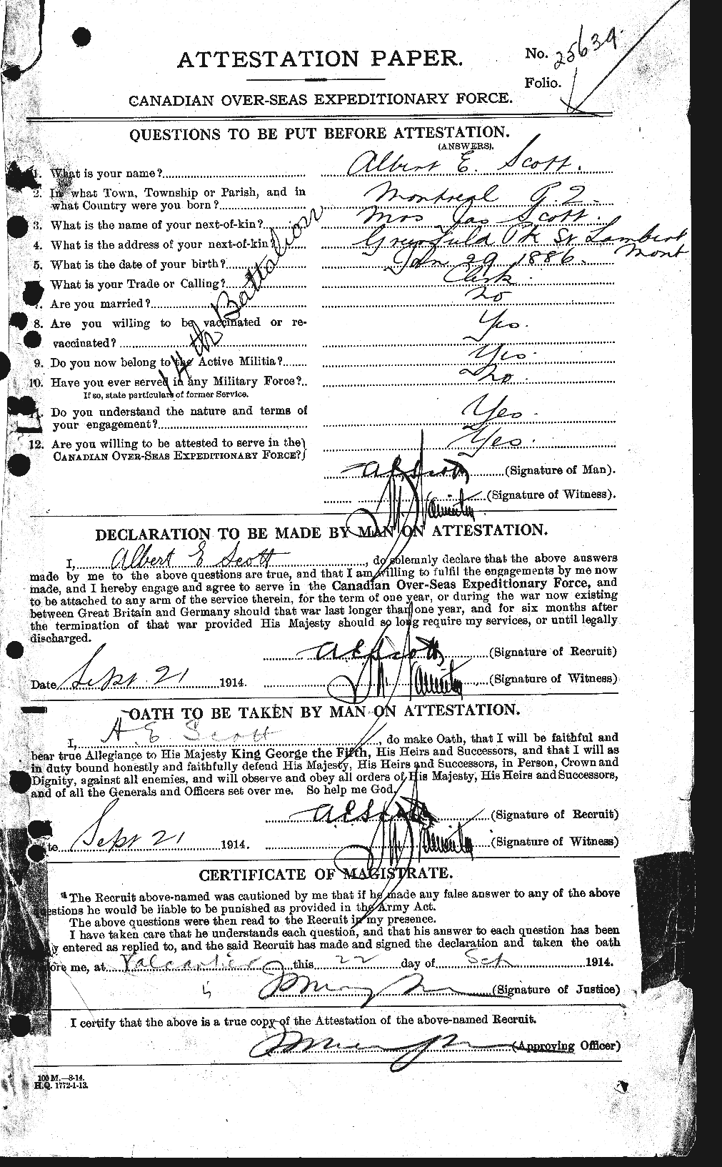 Dossiers du Personnel de la Première Guerre mondiale - CEC 079275a