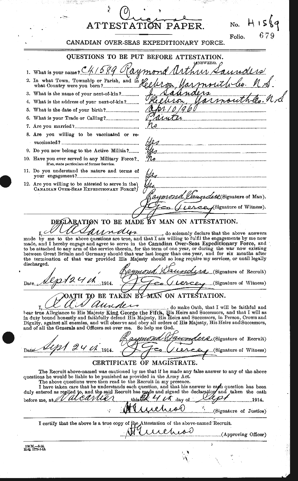 Dossiers du Personnel de la Première Guerre mondiale - CEC 080482a