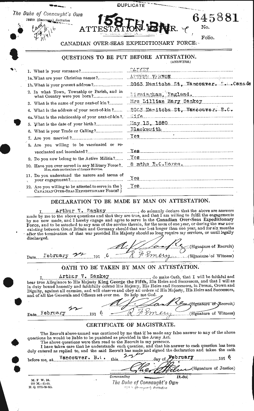 Dossiers du Personnel de la Première Guerre mondiale - CEC 081618a