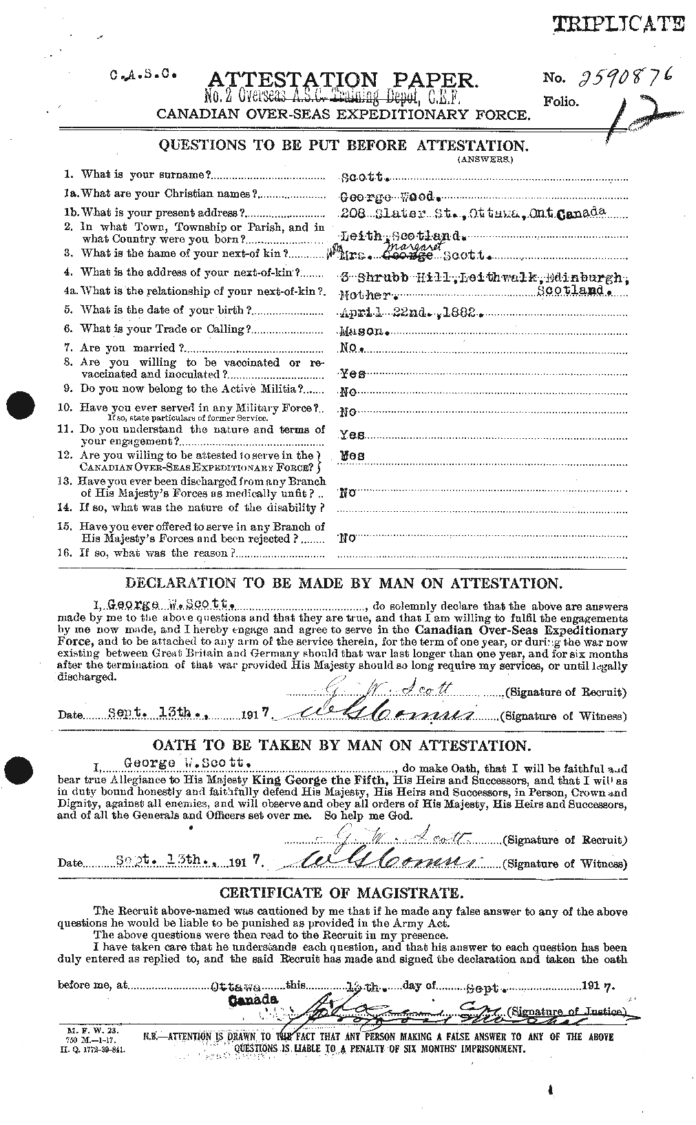 Dossiers du Personnel de la Première Guerre mondiale - CEC 083127a