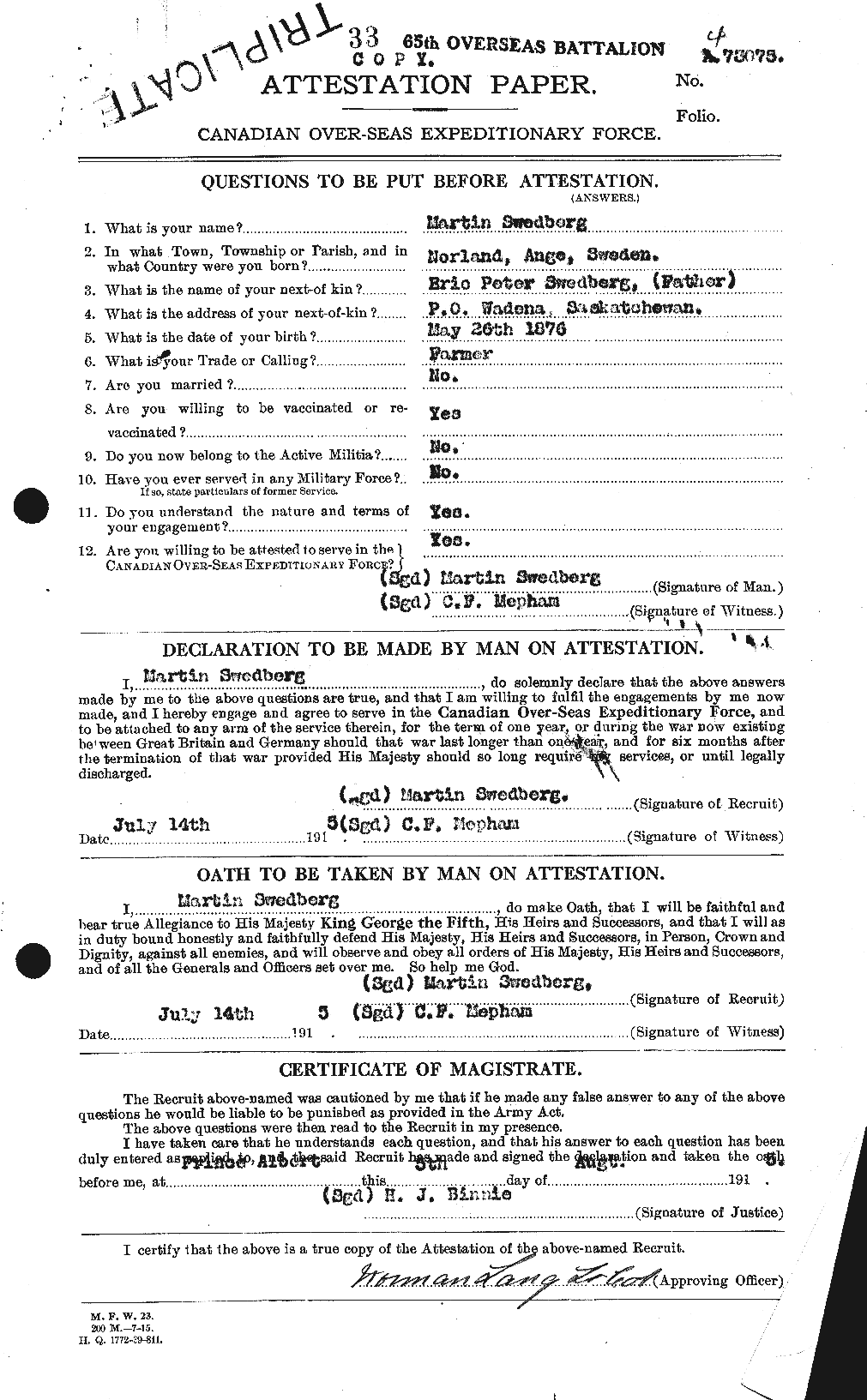 Dossiers du Personnel de la Première Guerre mondiale - CEC 083292a