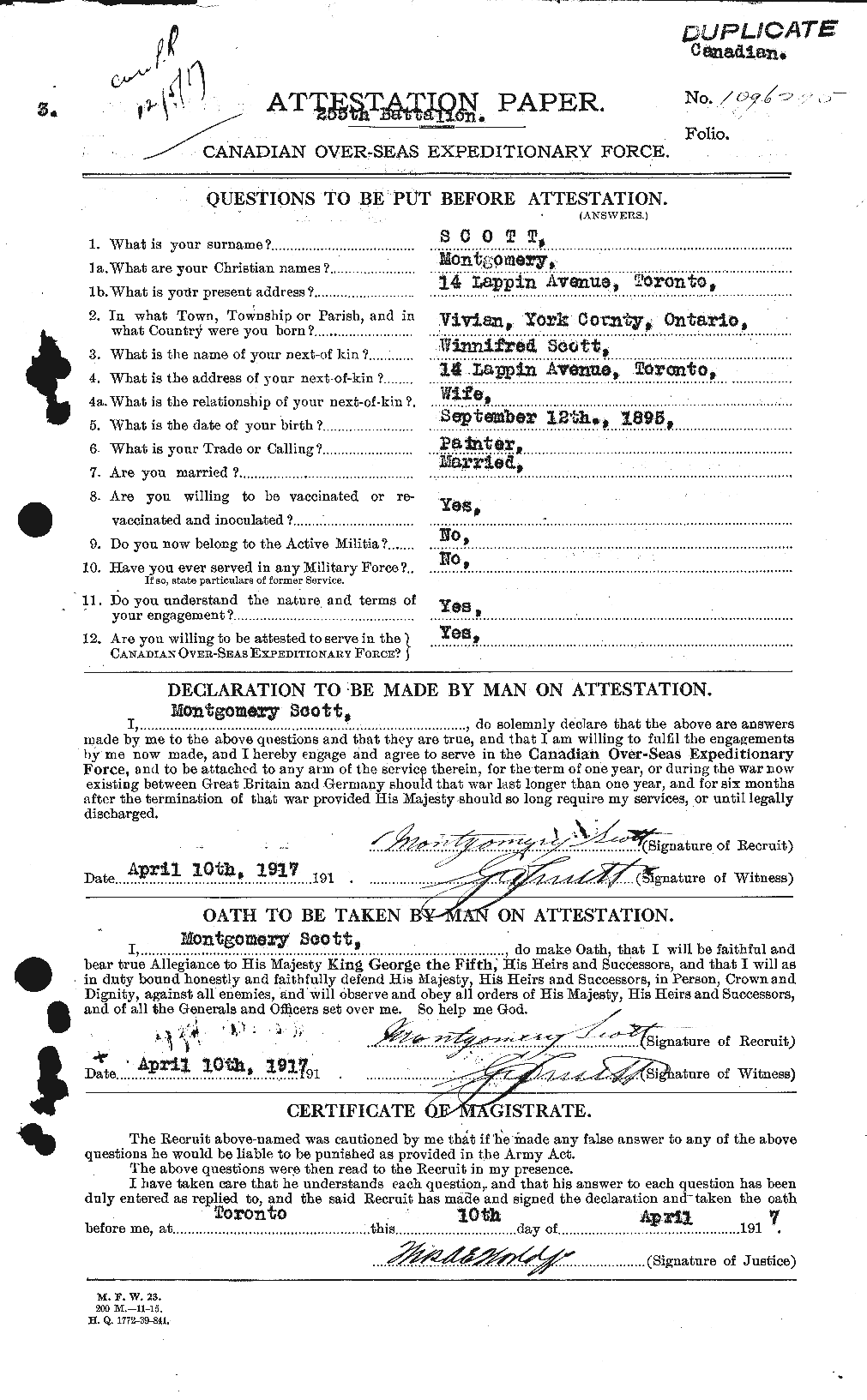 Dossiers du Personnel de la Première Guerre mondiale - CEC 083489a