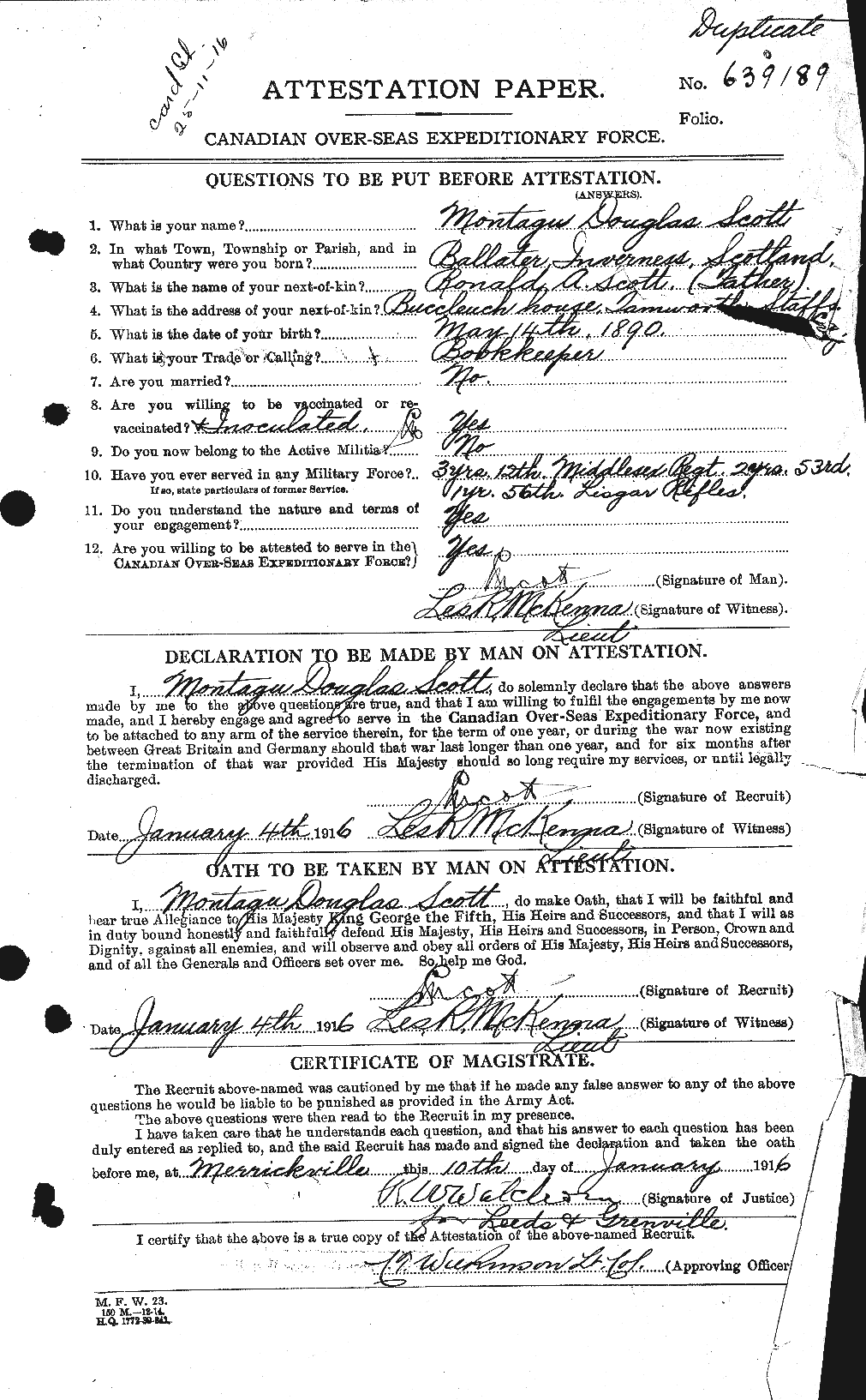 Dossiers du Personnel de la Première Guerre mondiale - CEC 083490a