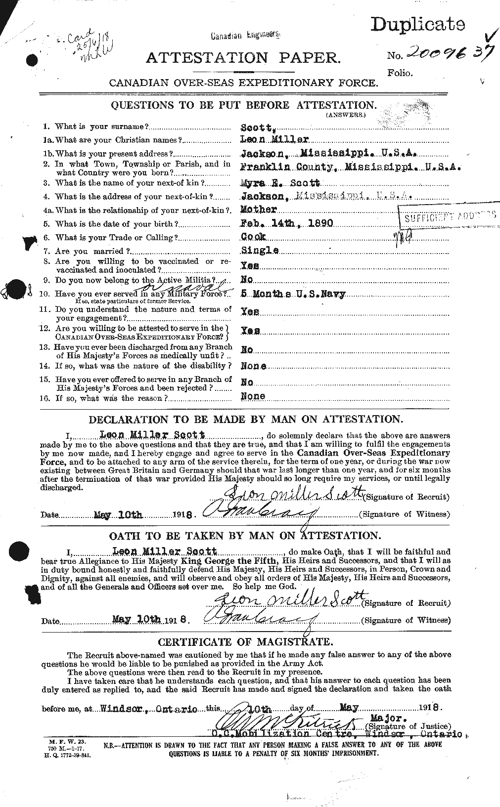 Dossiers du Personnel de la Première Guerre mondiale - CEC 084142a