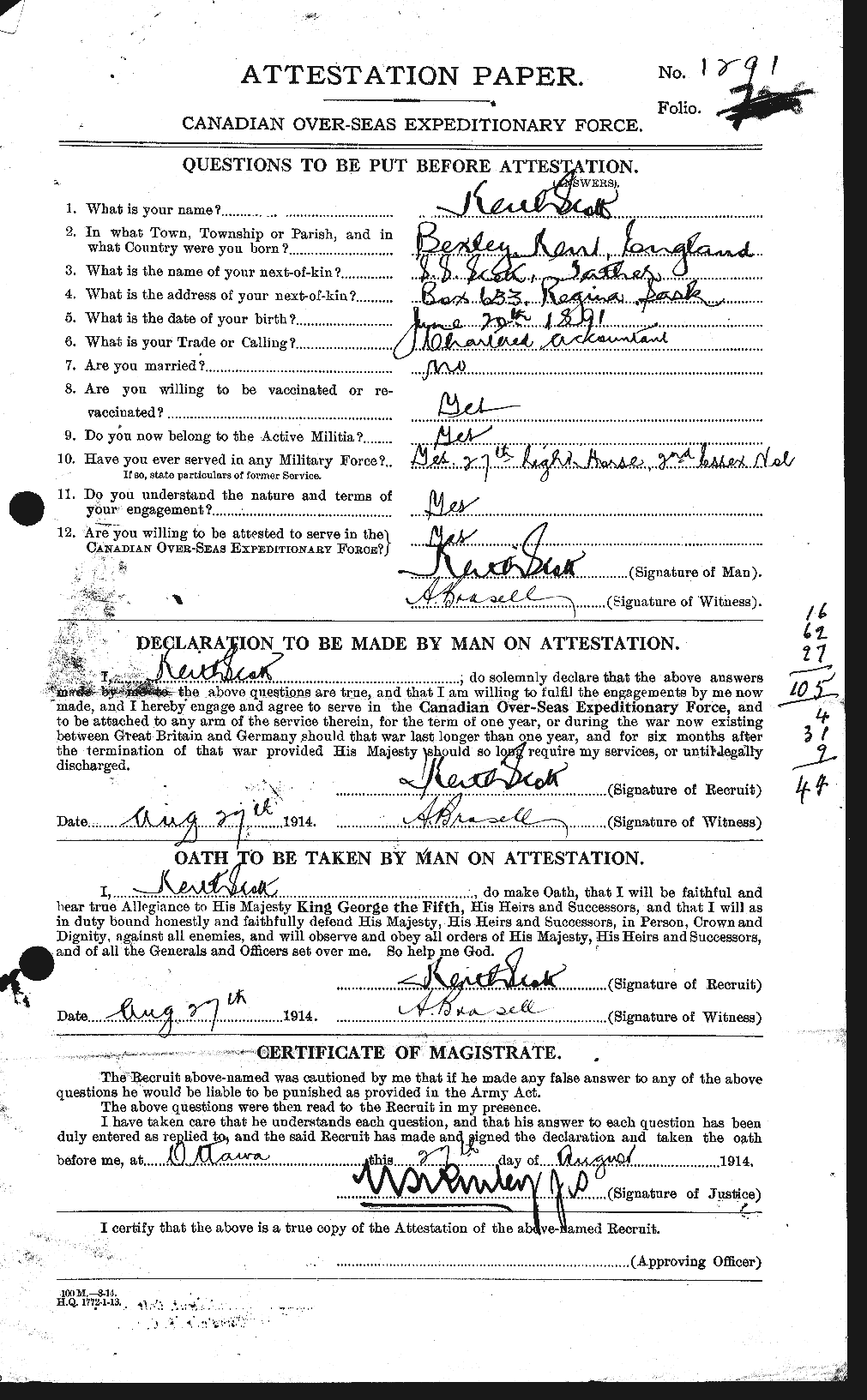 Dossiers du Personnel de la Première Guerre mondiale - CEC 084156a