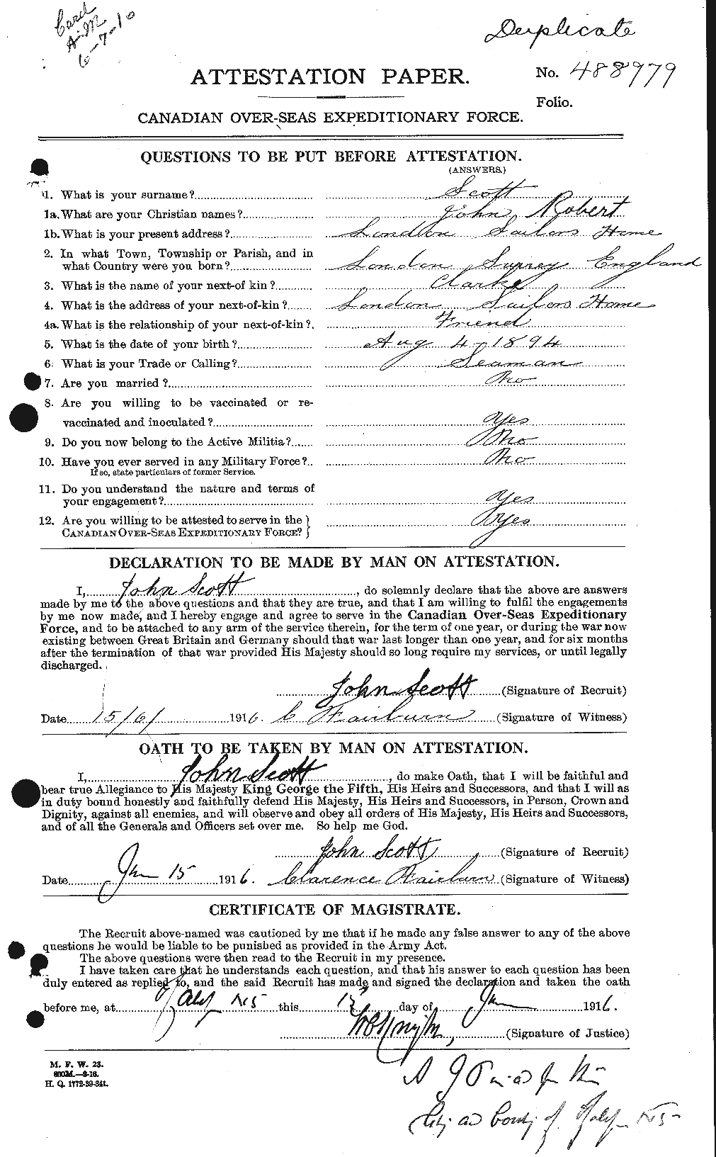 Dossiers du Personnel de la Première Guerre mondiale - CEC 084434a