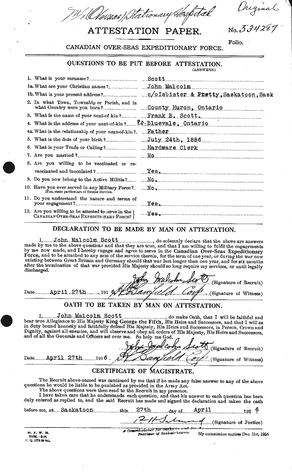 Dossiers du Personnel de la Première Guerre mondiale - CEC 084443a