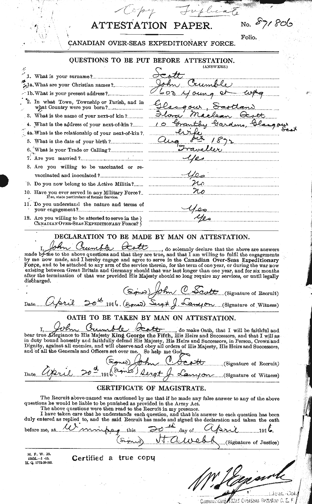 Dossiers du Personnel de la Première Guerre mondiale - CEC 084646a