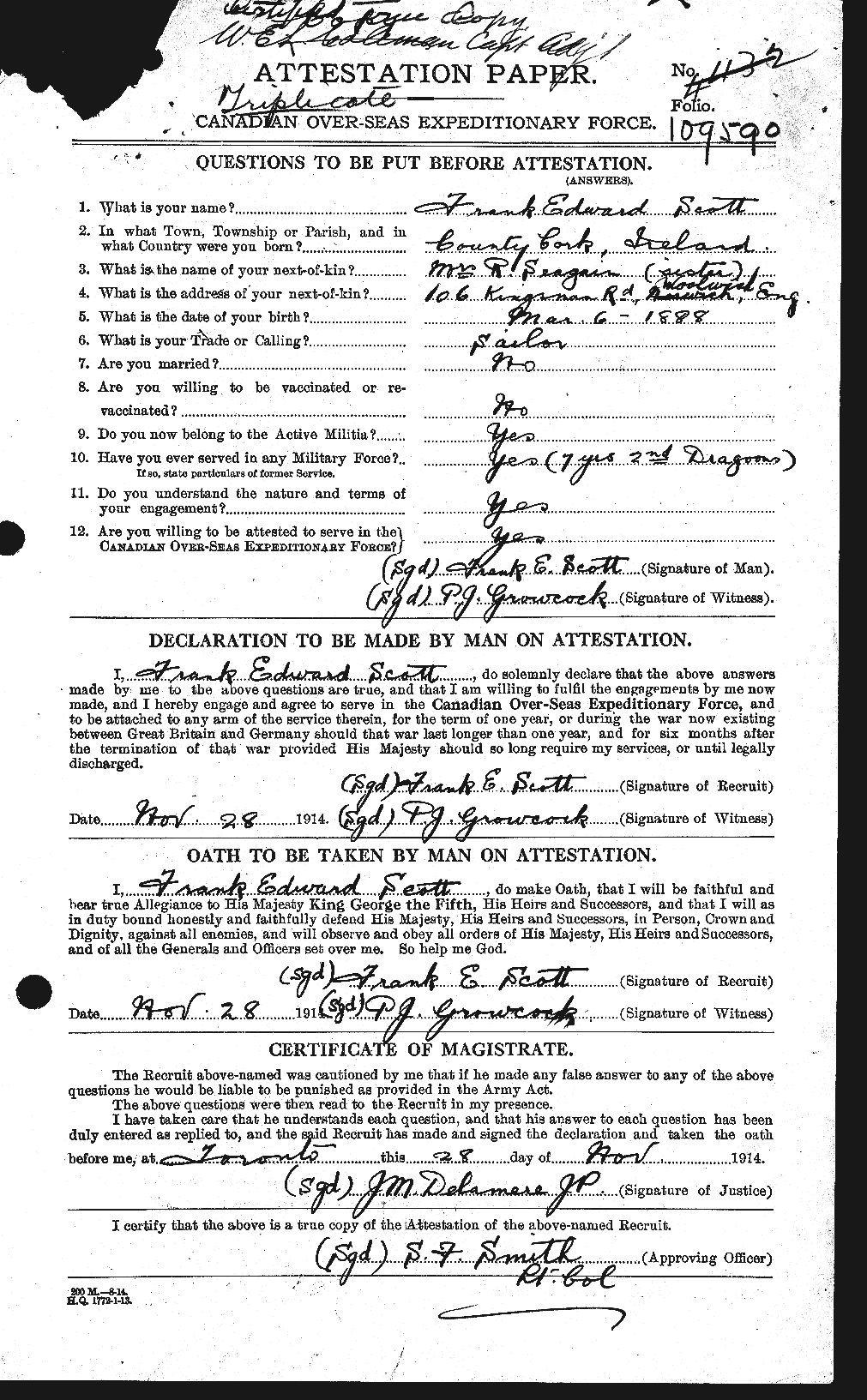 Dossiers du Personnel de la Première Guerre mondiale - CEC 084702a