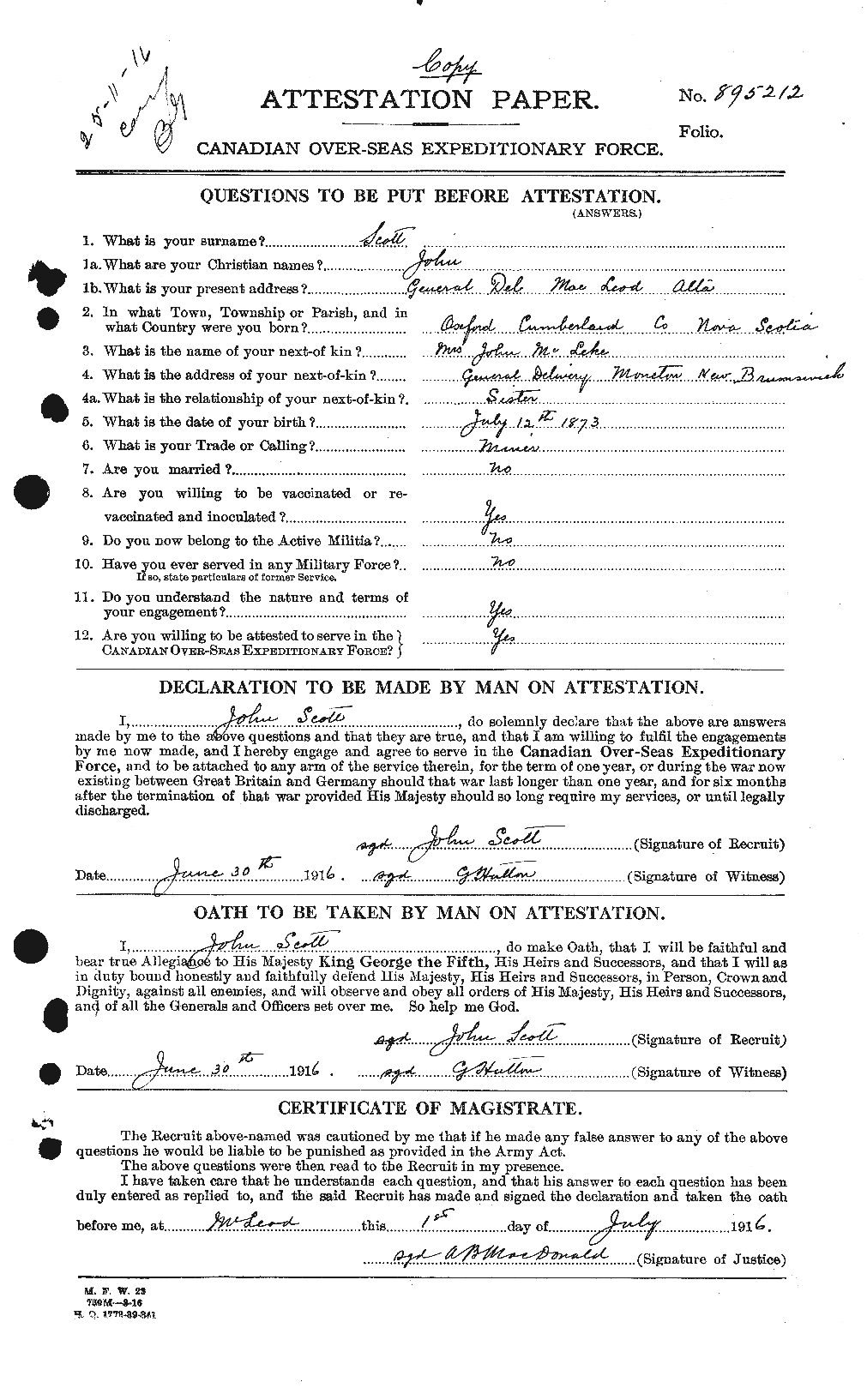 Dossiers du Personnel de la Première Guerre mondiale - CEC 084893a