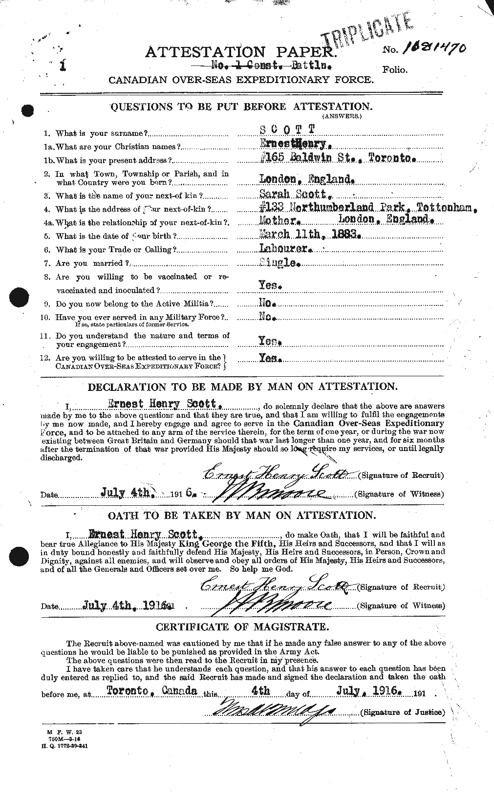 Dossiers du Personnel de la Première Guerre mondiale - CEC 085010a