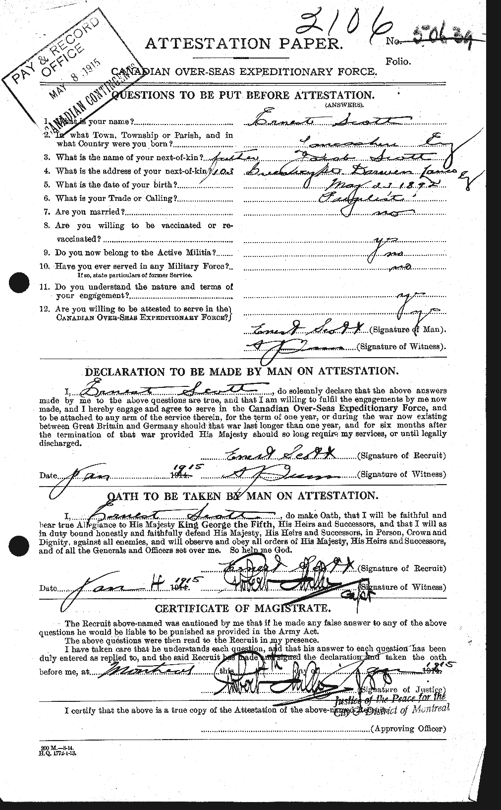 Personnel Records of the First World War - CEF 085016a