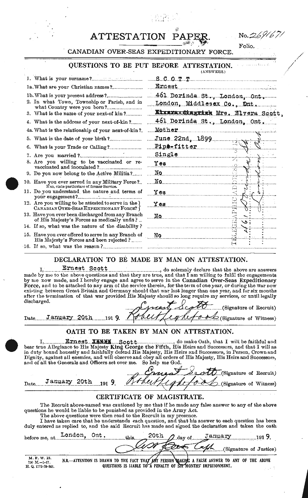 Dossiers du Personnel de la Première Guerre mondiale - CEC 085019a