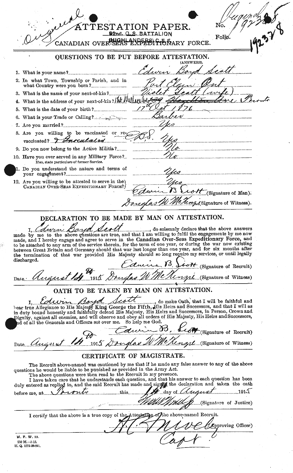Dossiers du Personnel de la Première Guerre mondiale - CEC 085042a