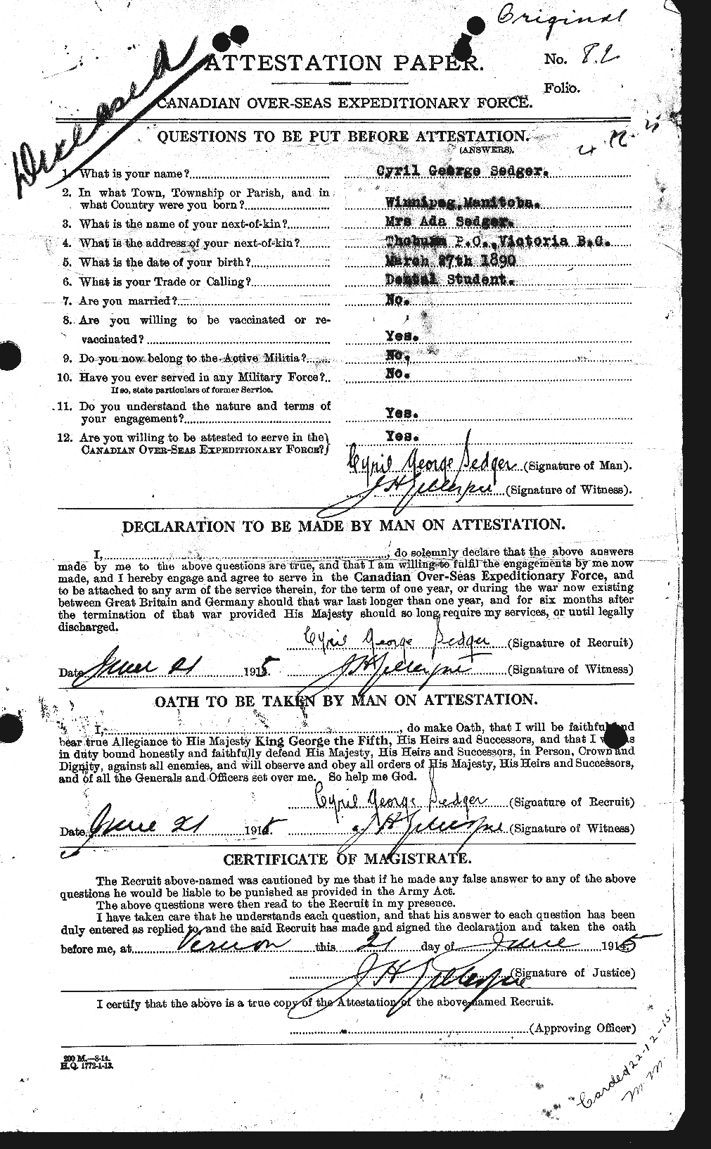Dossiers du Personnel de la Première Guerre mondiale - CEC 085157a