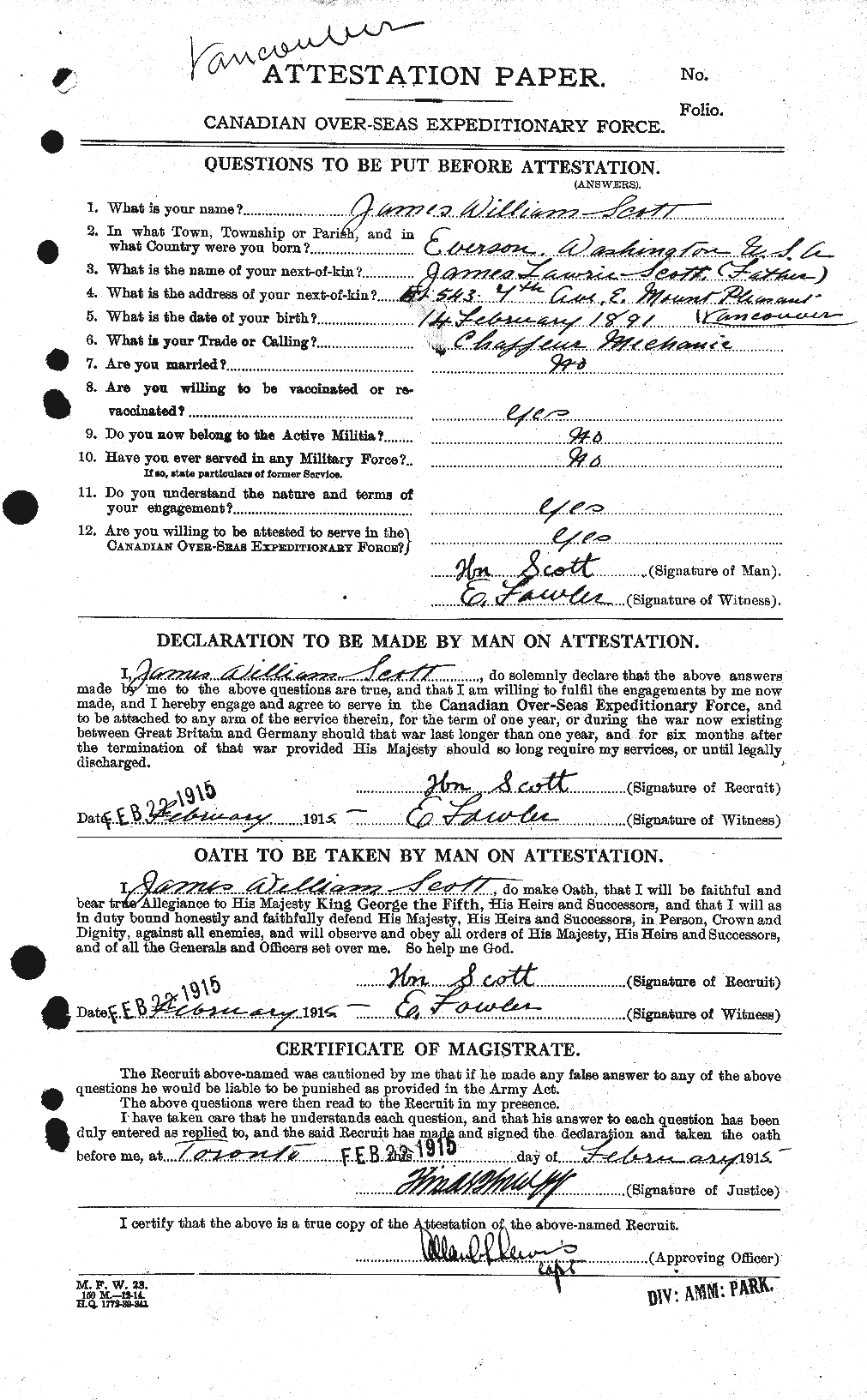 Dossiers du Personnel de la Première Guerre mondiale - CEC 085168a