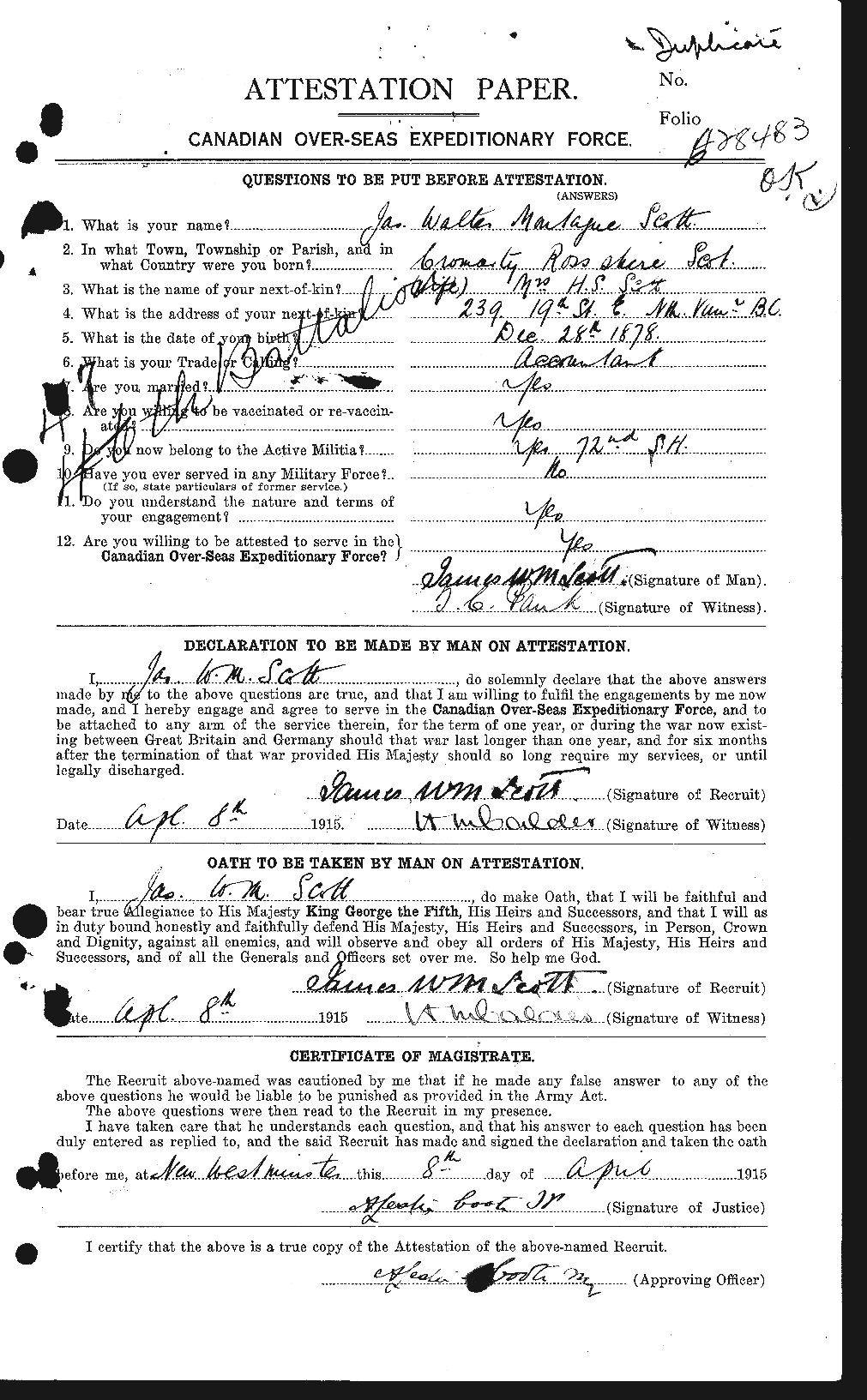 Dossiers du Personnel de la Première Guerre mondiale - CEC 085169a