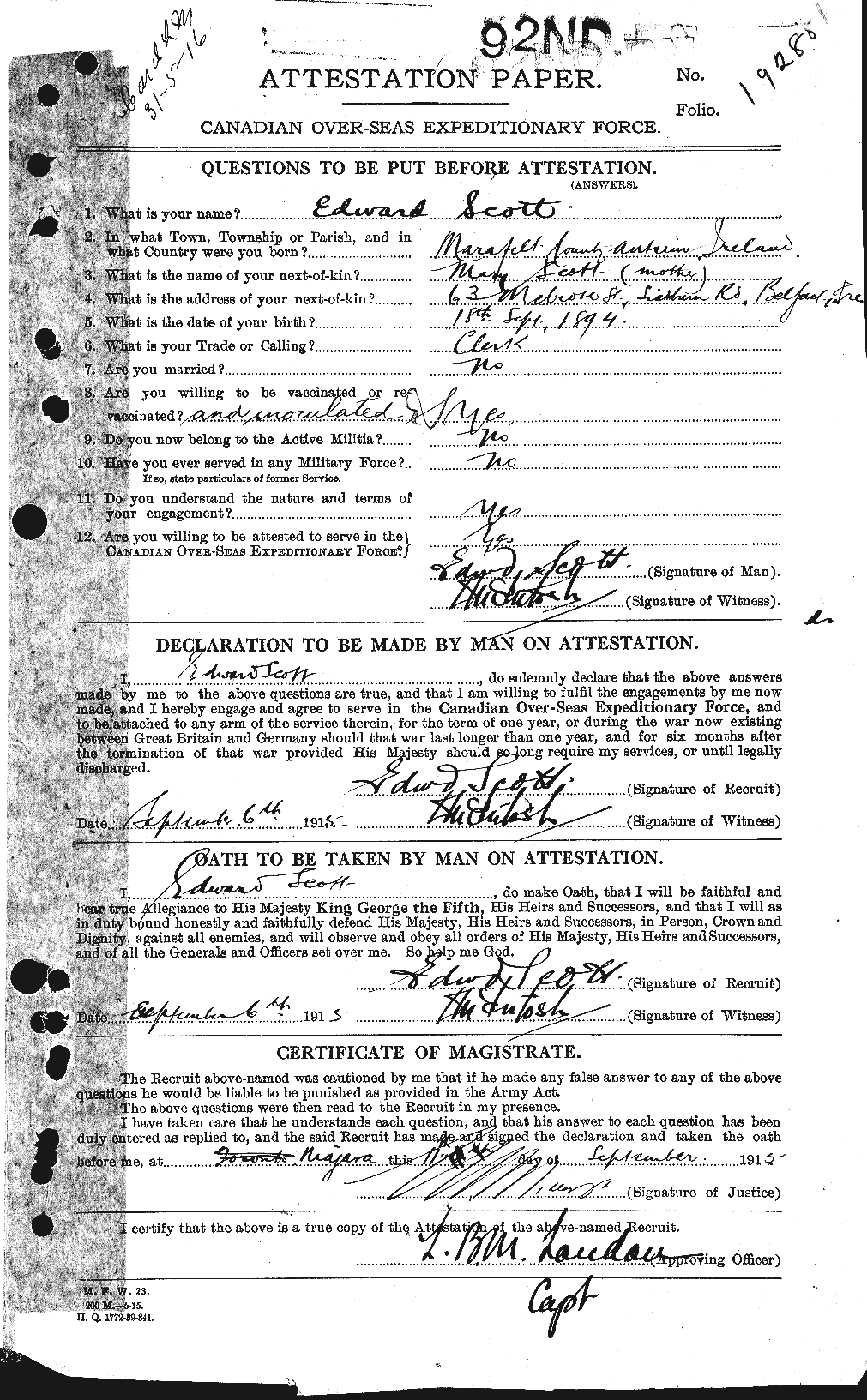 Dossiers du Personnel de la Première Guerre mondiale - CEC 085323a