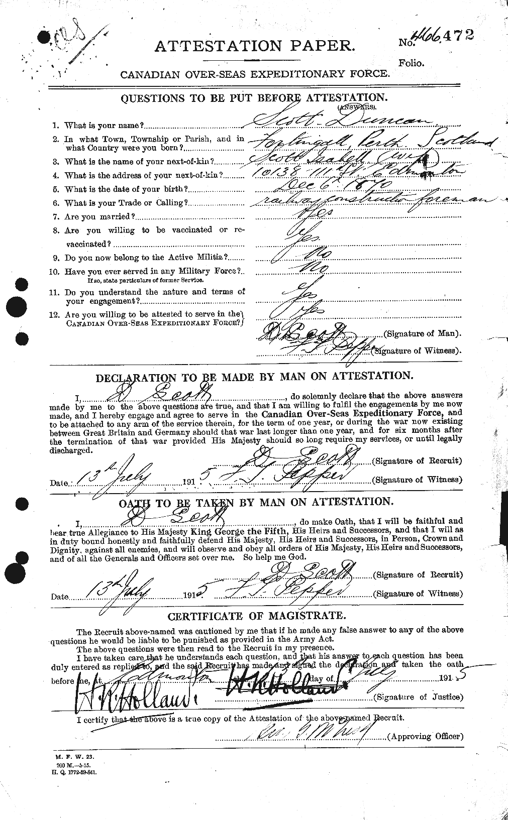 Dossiers du Personnel de la Première Guerre mondiale - CEC 085352a