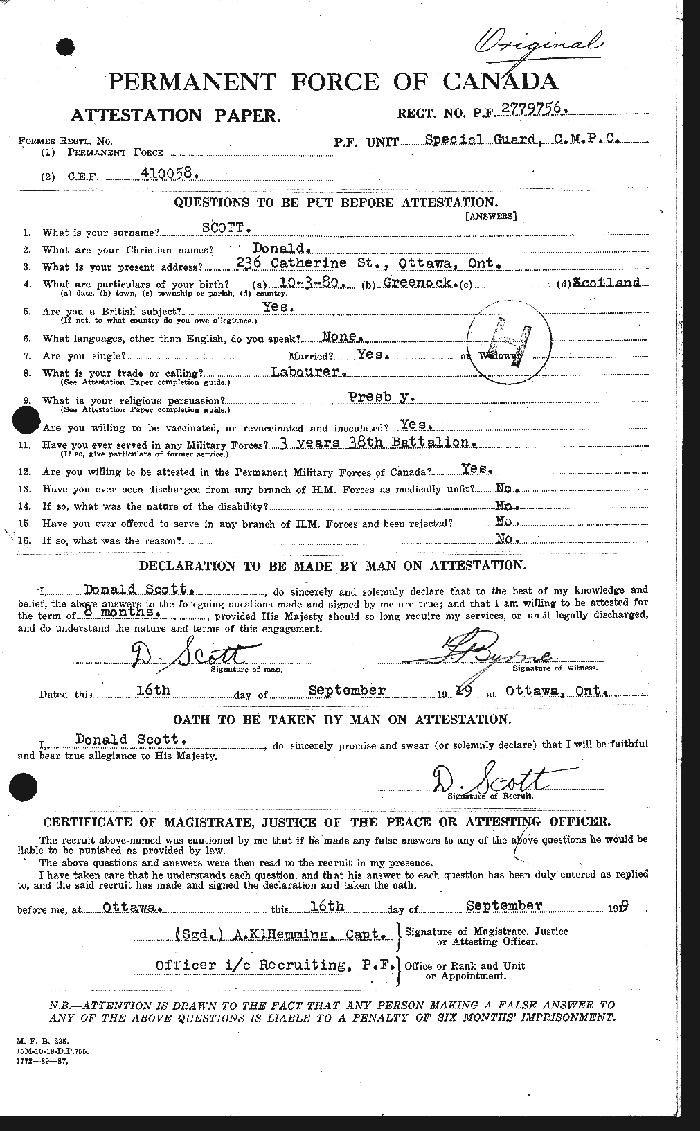 Dossiers du Personnel de la Première Guerre mondiale - CEC 085362a