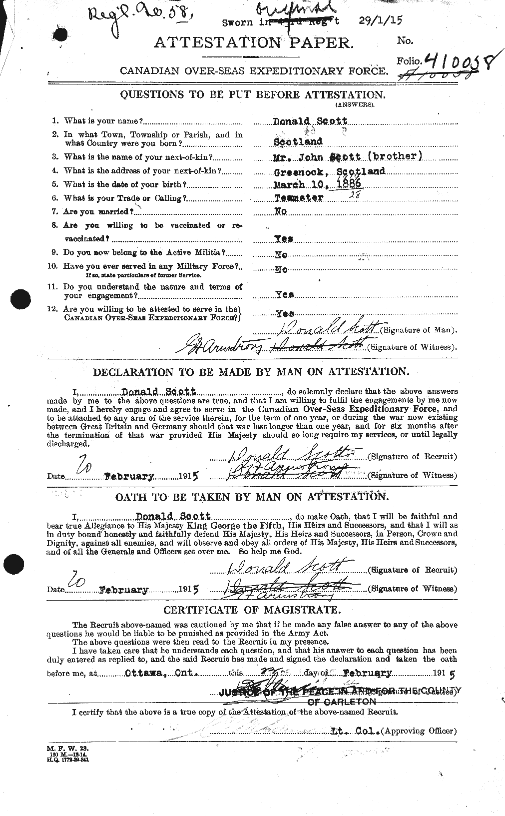 Dossiers du Personnel de la Première Guerre mondiale - CEC 085364a