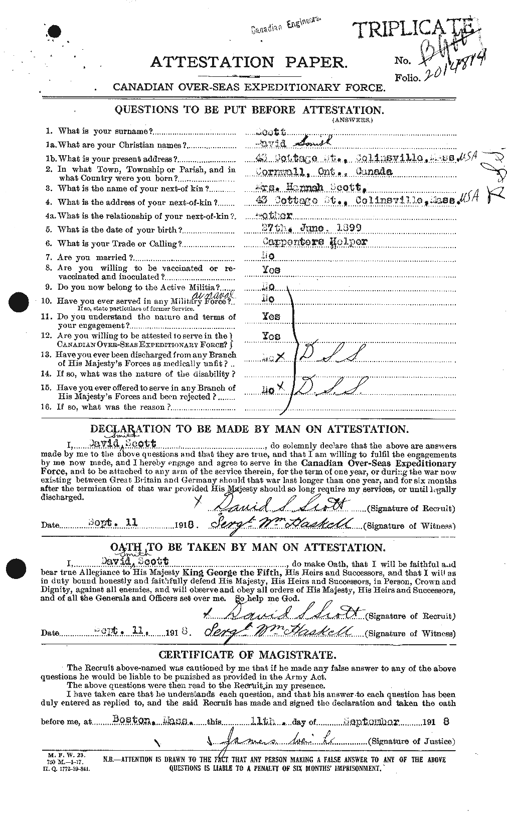 Dossiers du Personnel de la Première Guerre mondiale - CEC 085370a