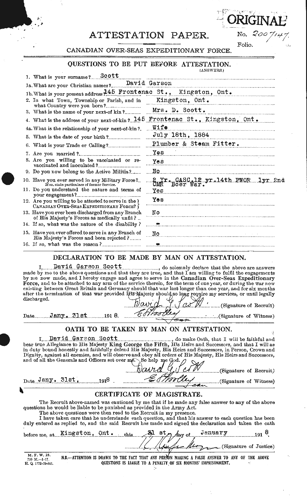 Dossiers du Personnel de la Première Guerre mondiale - CEC 085594a
