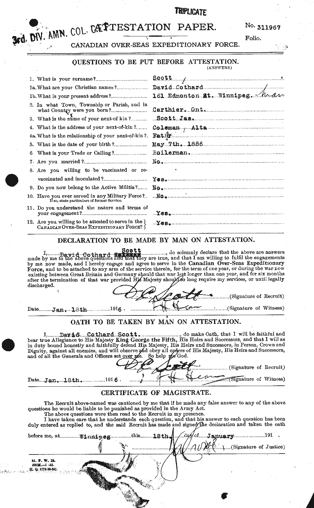 Dossiers du Personnel de la Première Guerre mondiale - CEC 085599a