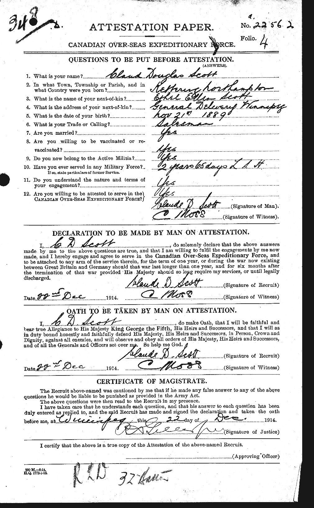 Dossiers du Personnel de la Première Guerre mondiale - CEC 085633a