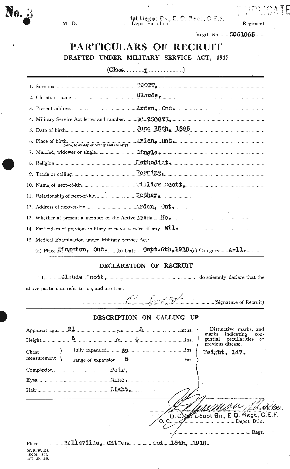 Dossiers du Personnel de la Première Guerre mondiale - CEC 085635a