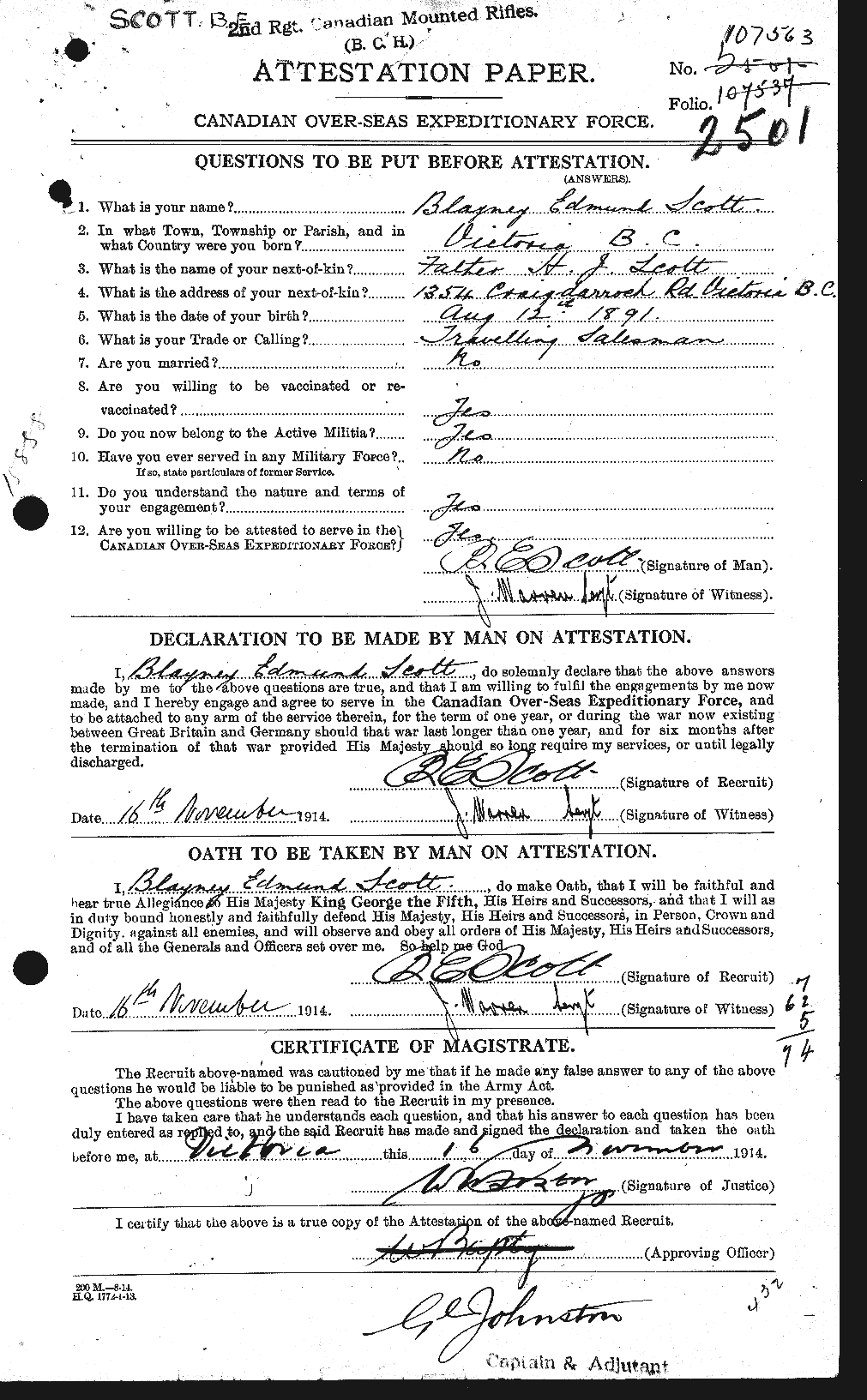 Dossiers du Personnel de la Première Guerre mondiale - CEC 086212a