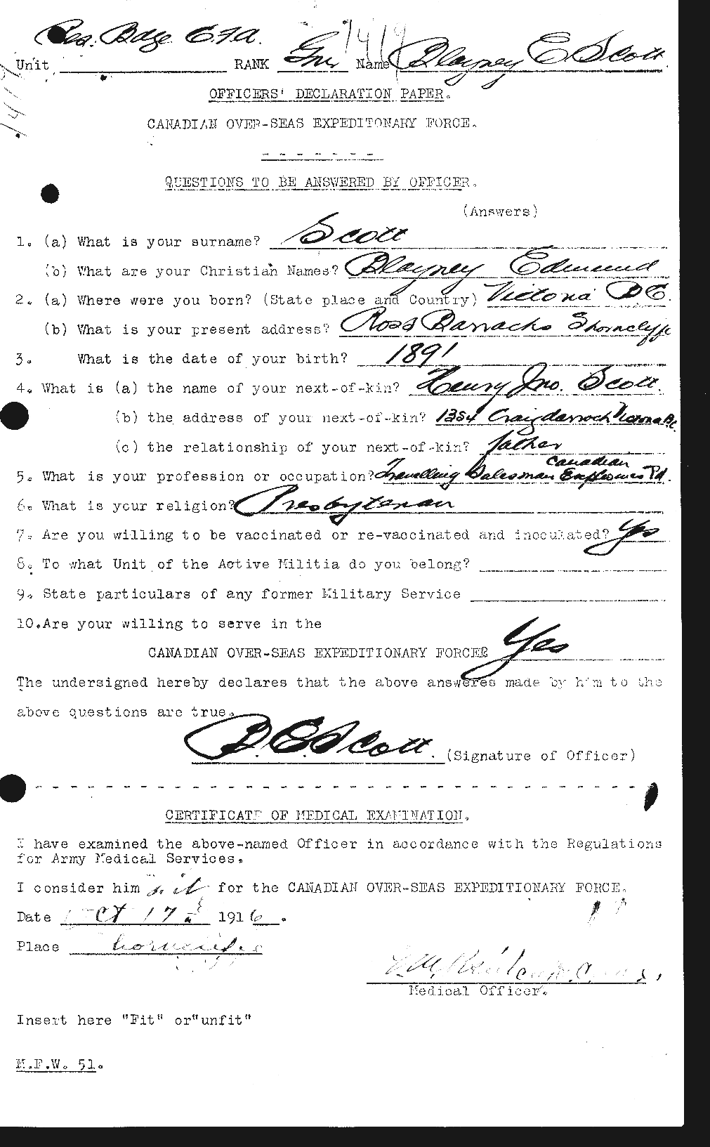 Dossiers du Personnel de la Première Guerre mondiale - CEC 086213a