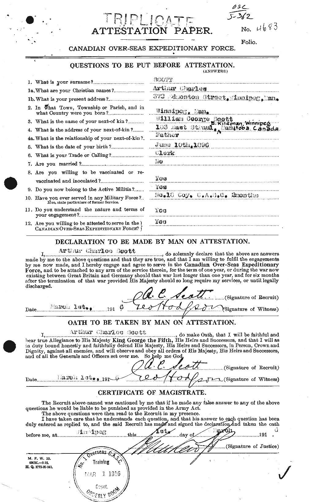 Dossiers du Personnel de la Première Guerre mondiale - CEC 086405a