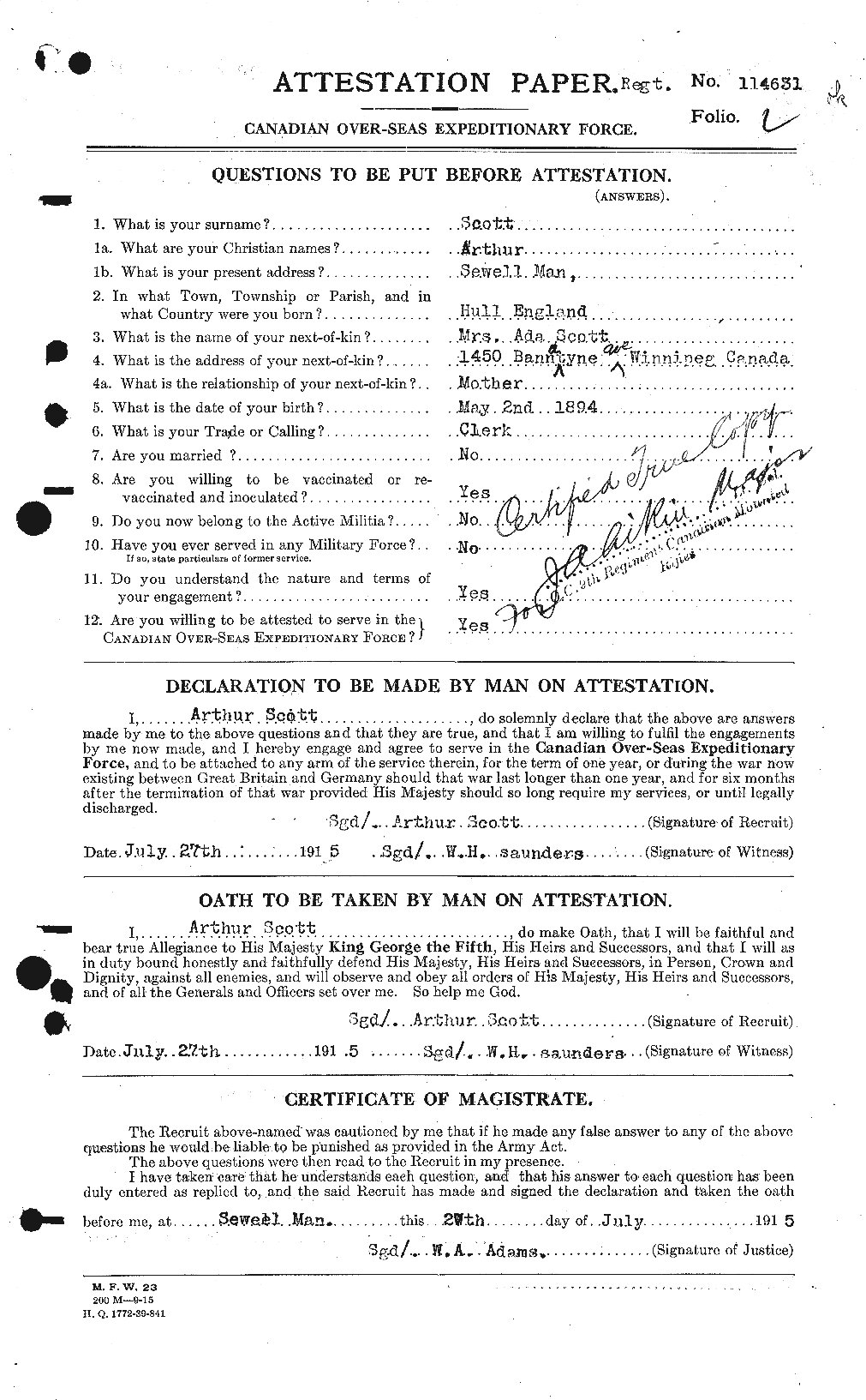Dossiers du Personnel de la Première Guerre mondiale - CEC 086416a