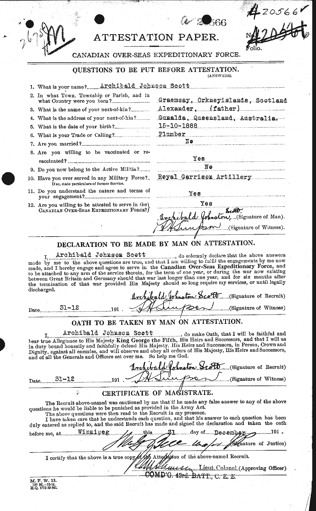 Dossiers du Personnel de la Première Guerre mondiale - CEC 086427a