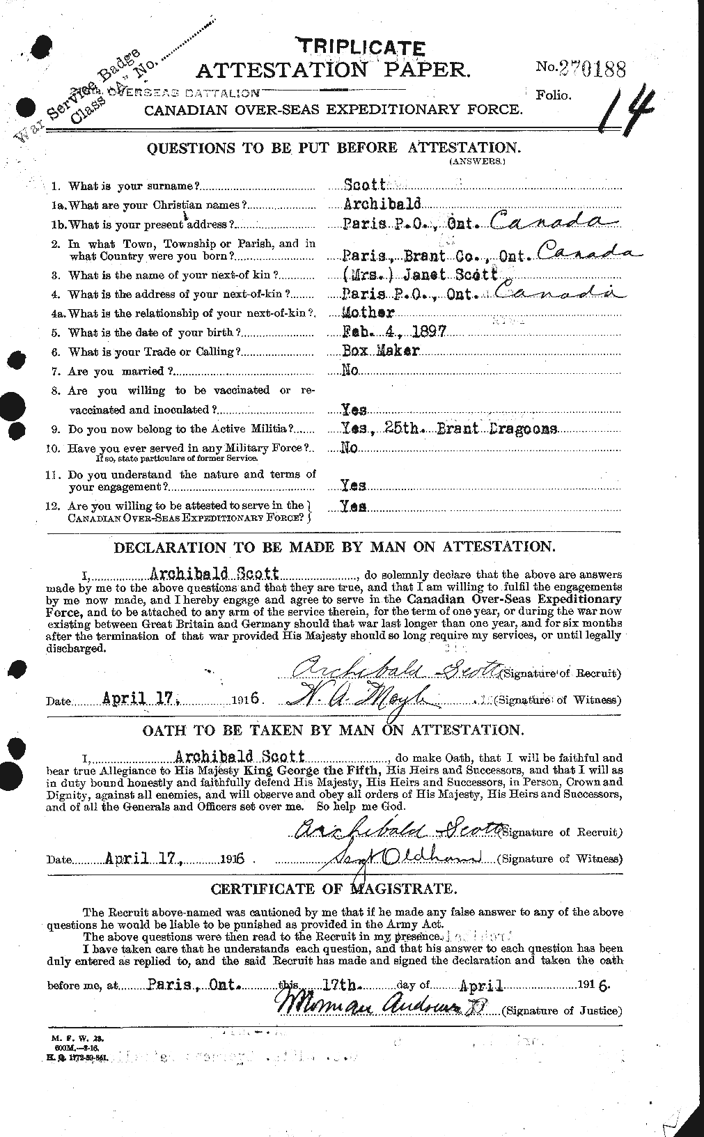 Dossiers du Personnel de la Première Guerre mondiale - CEC 086430a