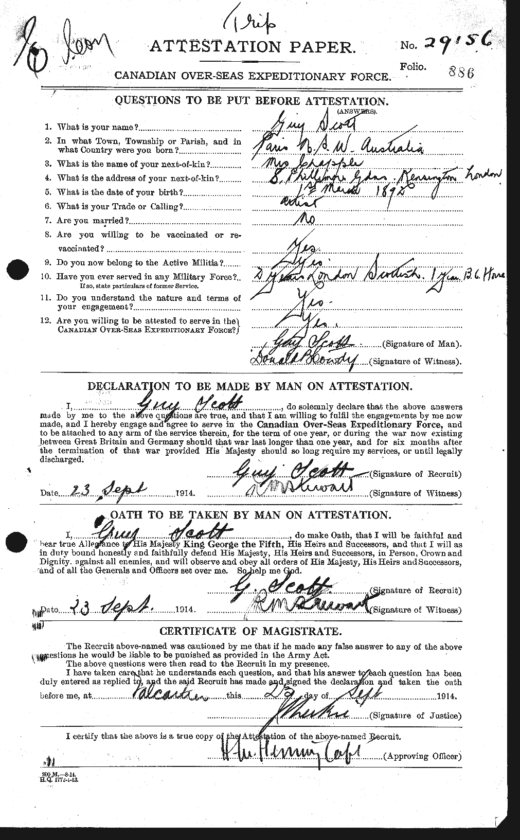 Dossiers du Personnel de la Première Guerre mondiale - CEC 086509a