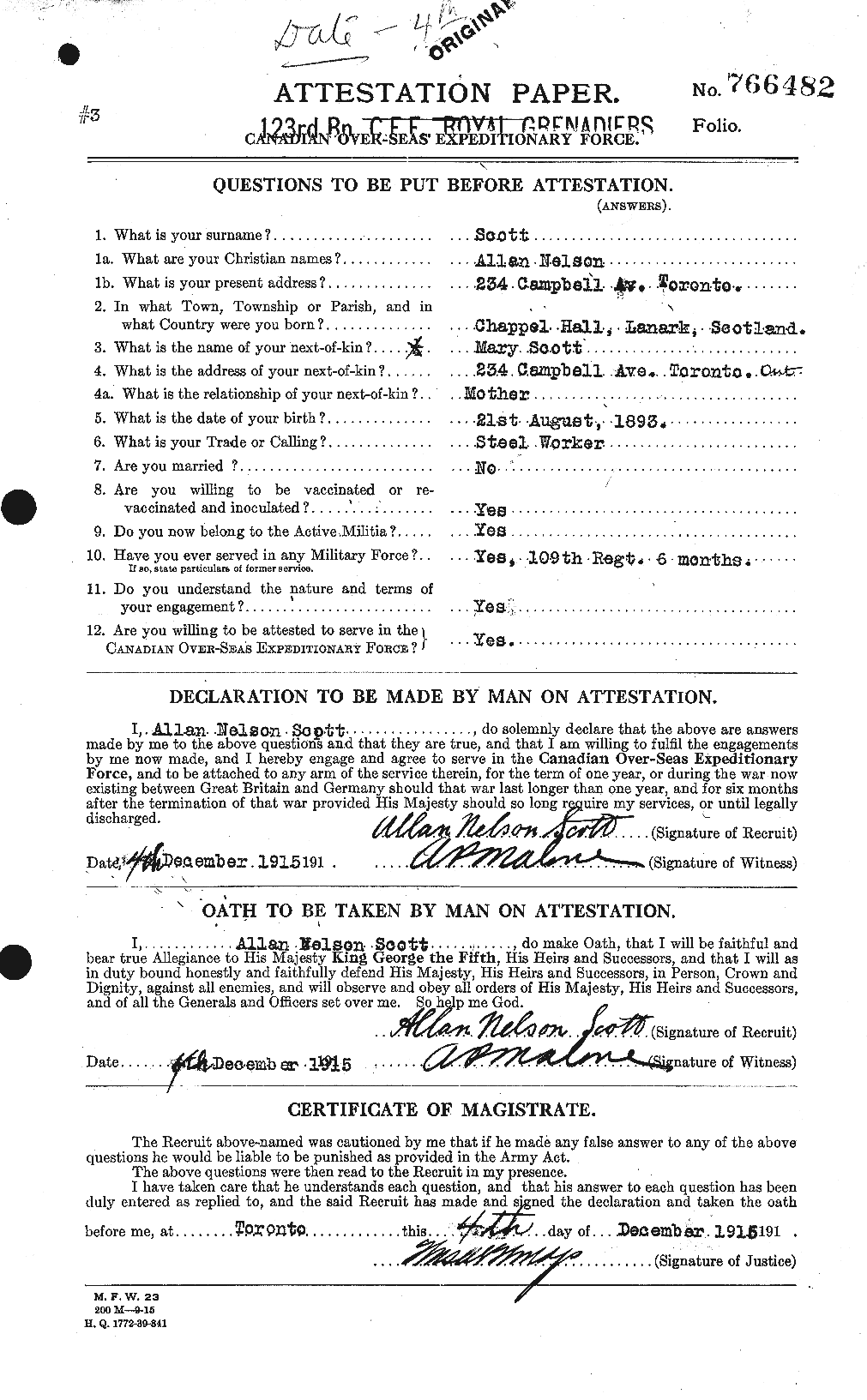 Dossiers du Personnel de la Première Guerre mondiale - CEC 086574a