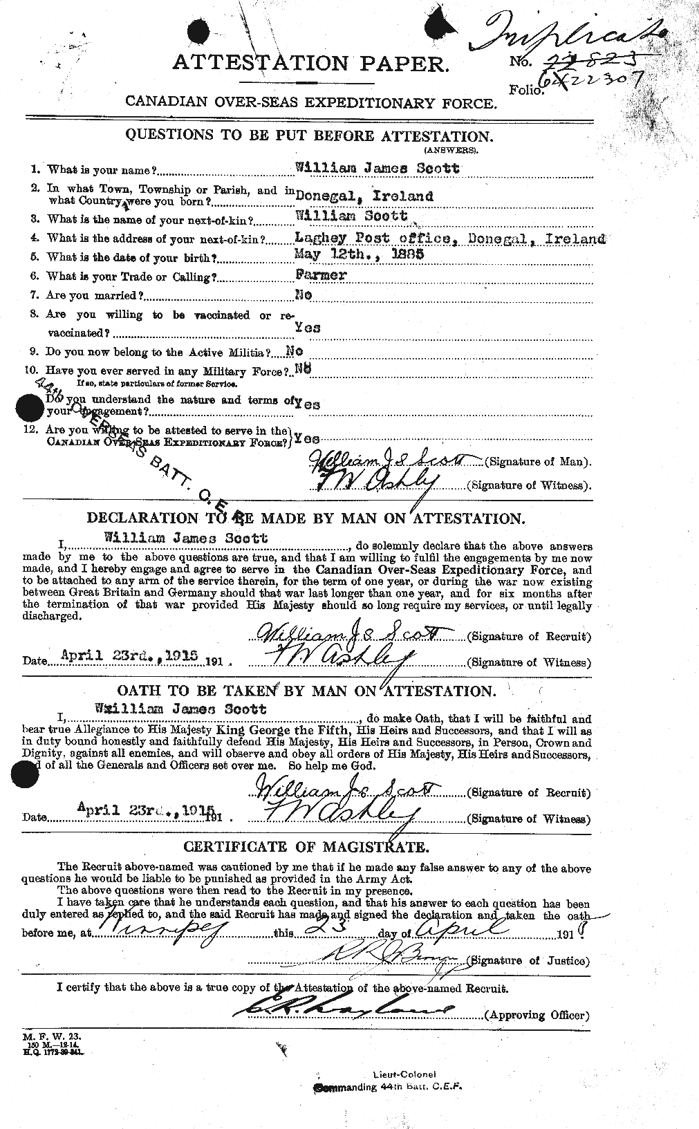 Dossiers du Personnel de la Première Guerre mondiale - CEC 086770a