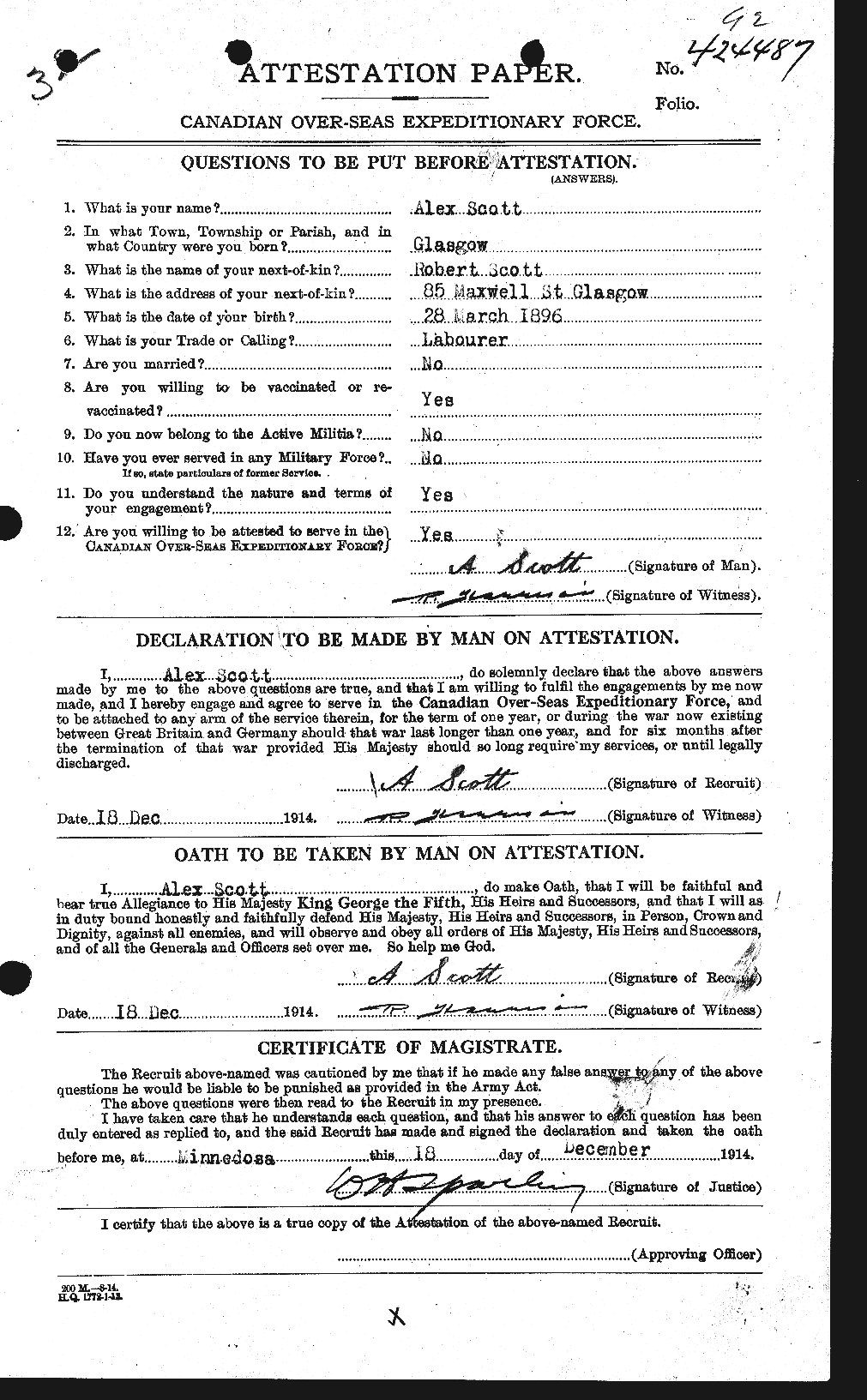 Dossiers du Personnel de la Première Guerre mondiale - CEC 086838a