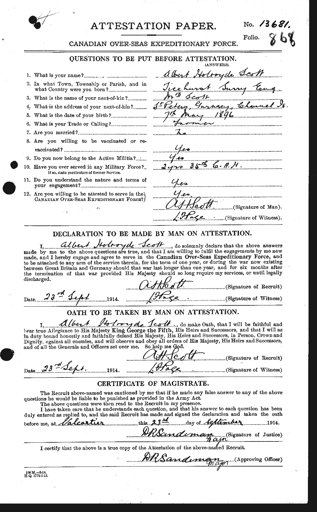 Dossiers du Personnel de la Première Guerre mondiale - CEC 086844a