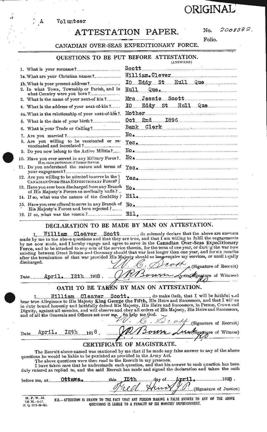 Dossiers du Personnel de la Première Guerre mondiale - CEC 087038a
